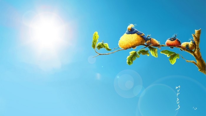 Four cartoon birds on a branch under the sun