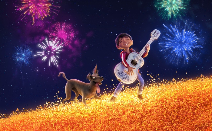 Miguel and Dante from Coco with fireworks
