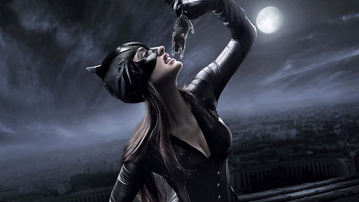 Catwoman holding a mouse under the moon