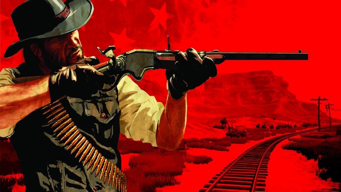 Cowboy aiming a rifle with a bandolier