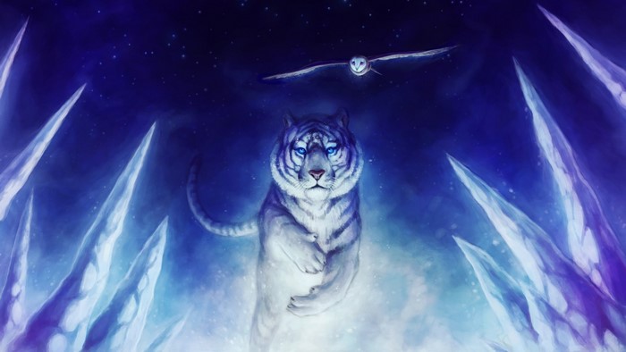 White Tiger and Owl in a Frozen Landscape
