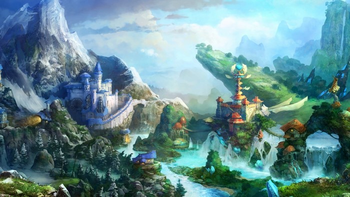 Fantasy landscape with castles and mountains