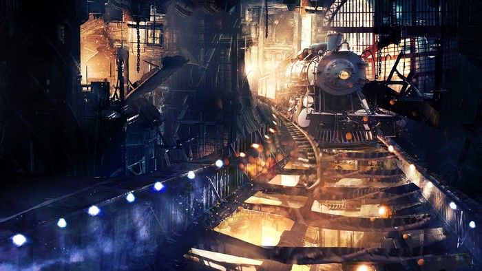 Steampunk train in a dark industrial tunnel