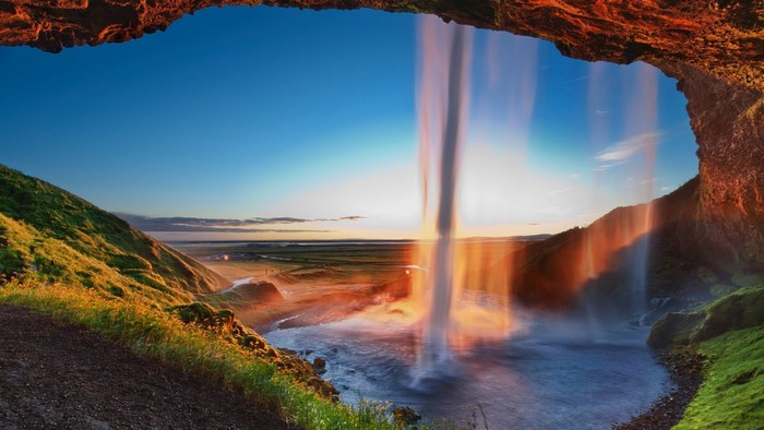 Seljalandsfoss waterfall in Iceland at sunset