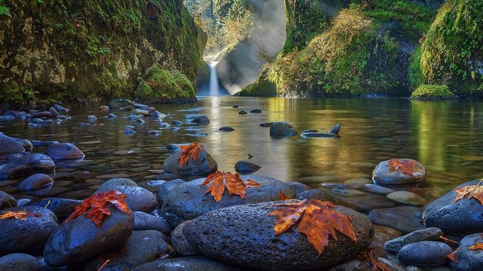 Waterfall flowing into a river with mossy rocks