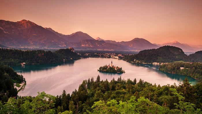 Lake Bled with Island Church and Mountains
