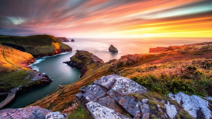 Coastal landscape with sea stacks at sunset