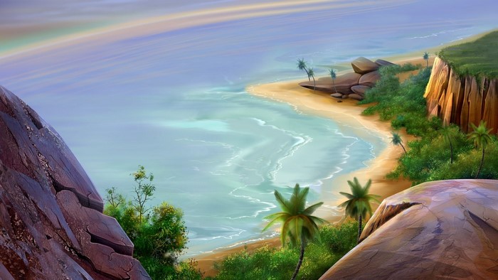 Digital painting of a tropical beach with cliffs and palm trees