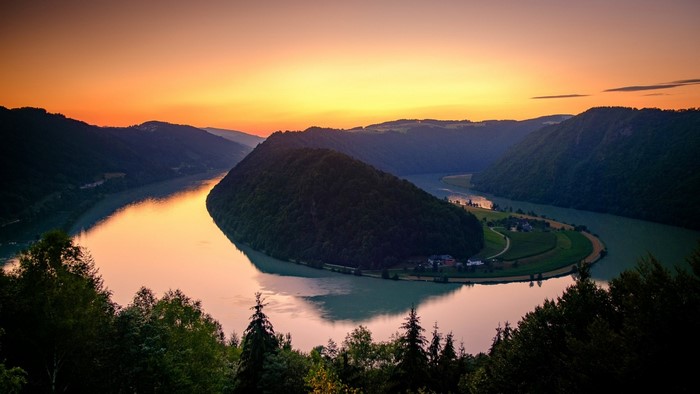 The Danube River bend at sunset in Austria