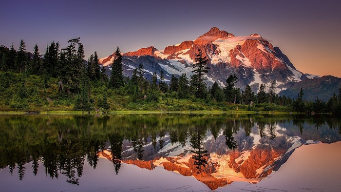 Mountain reflection in lake at sunset