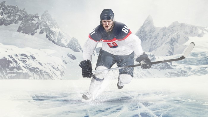 Ice hockey player in Slovakian uniform on icy terrain