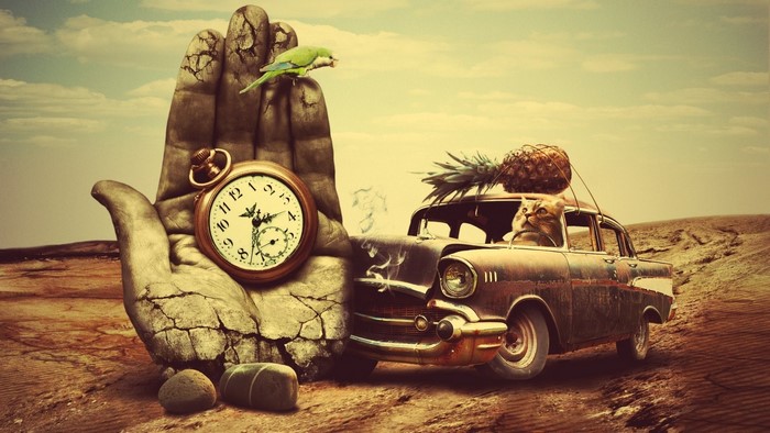 Surreal desert landscape with giant hand, pocket watch, and cat driving car