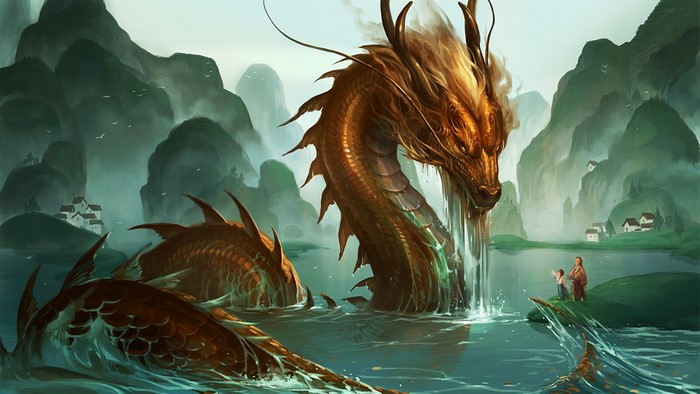 Dragon emerging from water near village