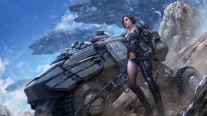 4K Soldier with Futuristic Vehicle and Spaceships