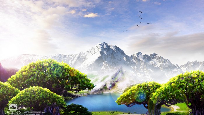 Fantasy landscape with snow-capped mountains and trees