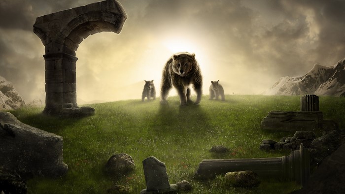 Bear family in ancient ruins
