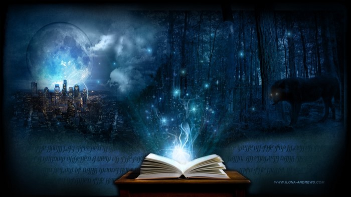 Magic book opening to a city and forest with a wolf