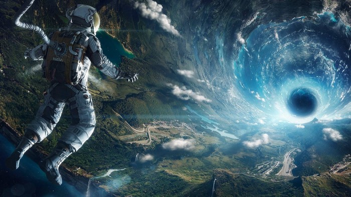 Astronaut looking into a black hole vortex