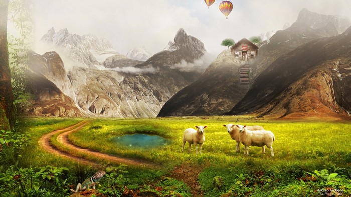 Magic Path Landscape with Sheep and Mountains