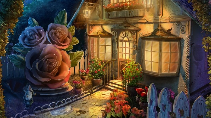 Fantasy house with large roses and flowers