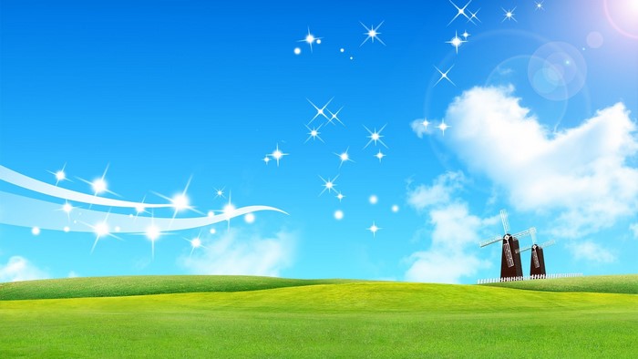 Shining Sky with Green Hills and Windmills