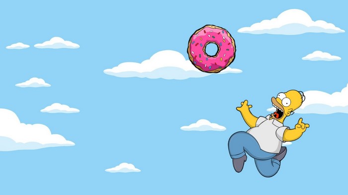Homer Simpson chasing a donut in the sky