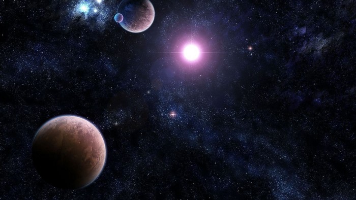 Planets and a bright star in space