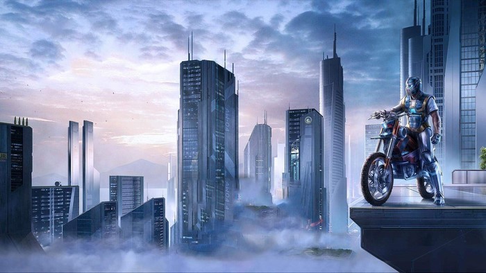 Futuristic Cityscape with a Rider on a Motorcycle