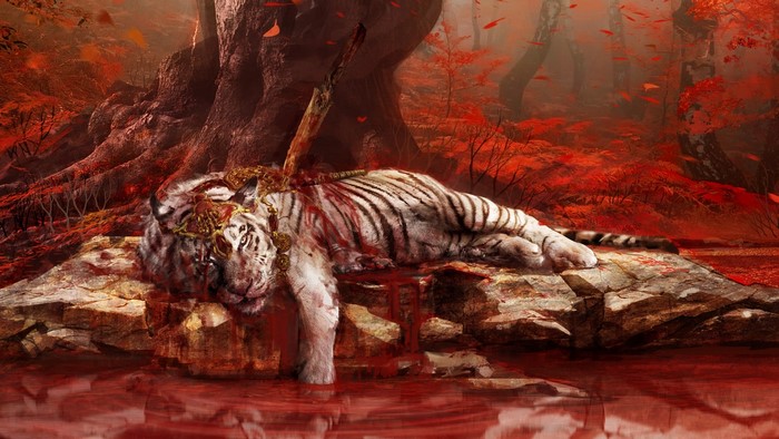 Dead tiger in a bloody forest from Far Cry 4