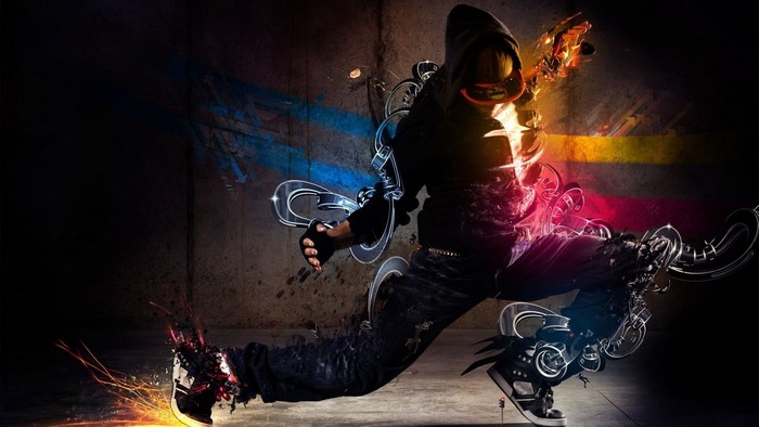 Man in hoodie performing hip hop dance with colorful effects