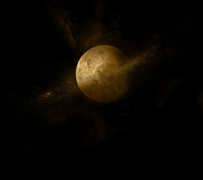 Golden planet with dust clouds in space