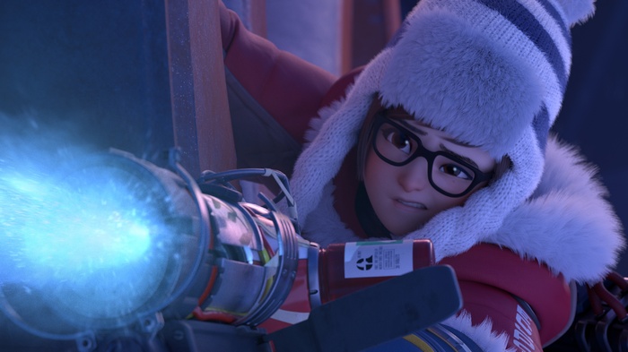 Mei from Overwatch using her Endothermic Blaster