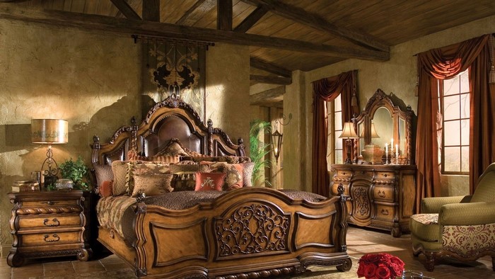 Luxury wood bedroom with ornate furniture