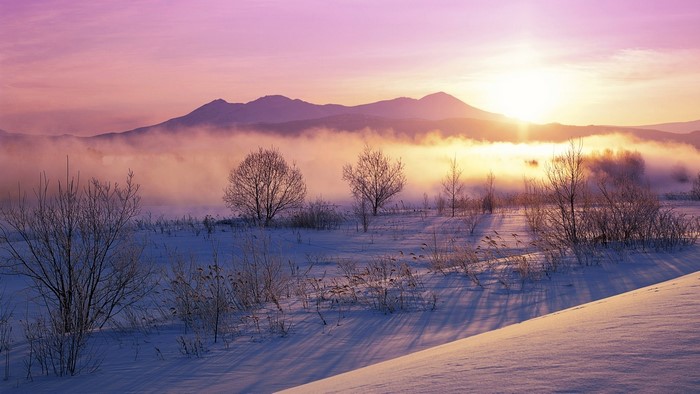 Snowy landscape at dawn with mountains and mist