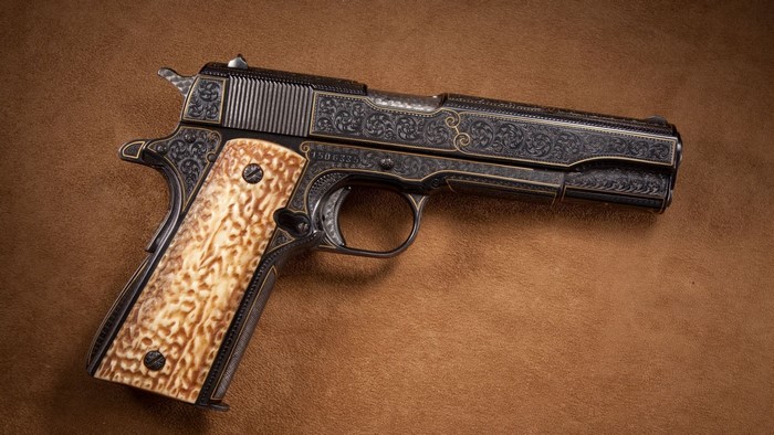 Engraved Colt M1911 Pistol with Ivory Grips