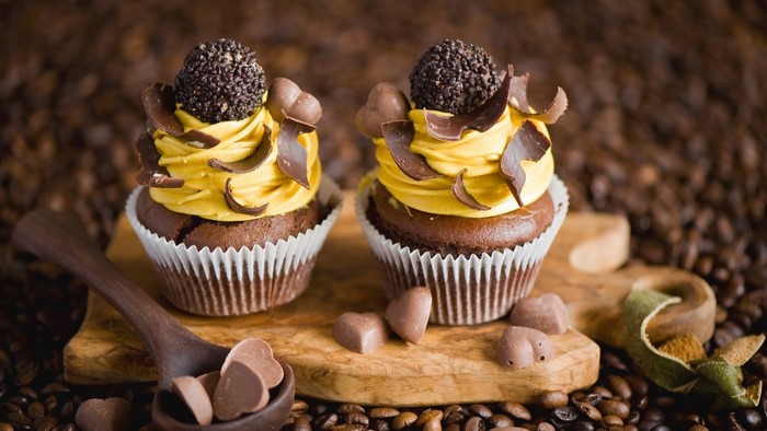 Two chocolate cupcakes with yellow frosting and chocolate decorations