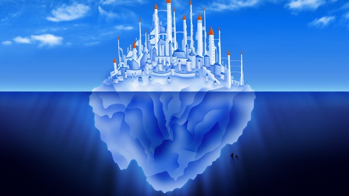 Iceberg with a white castle and two figures