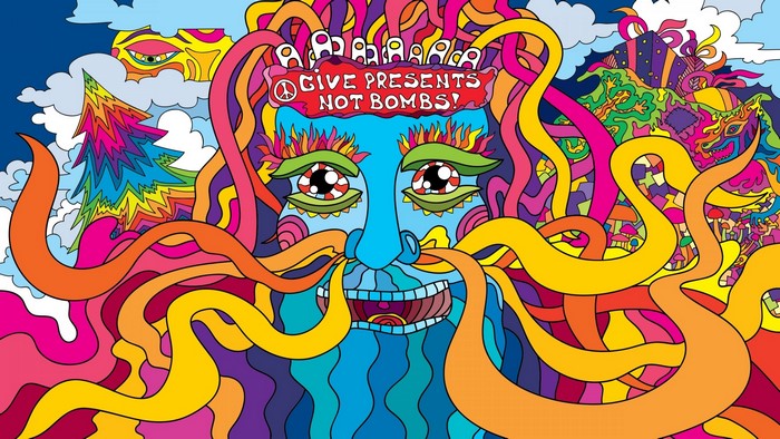 Psychedelic illustration with "Give Presents Not Bombs!" text