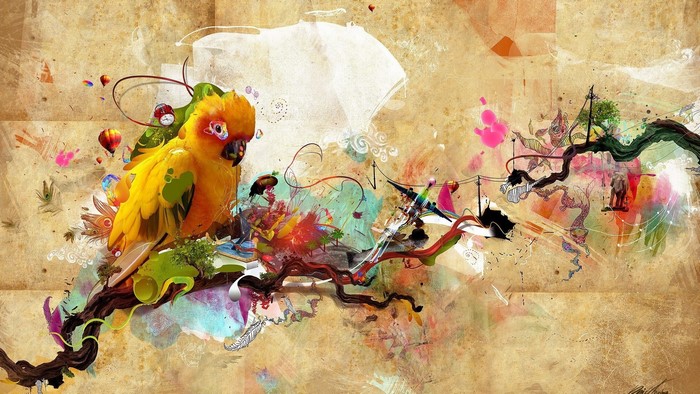 Artistic watercolor abstract with a yellow parrot