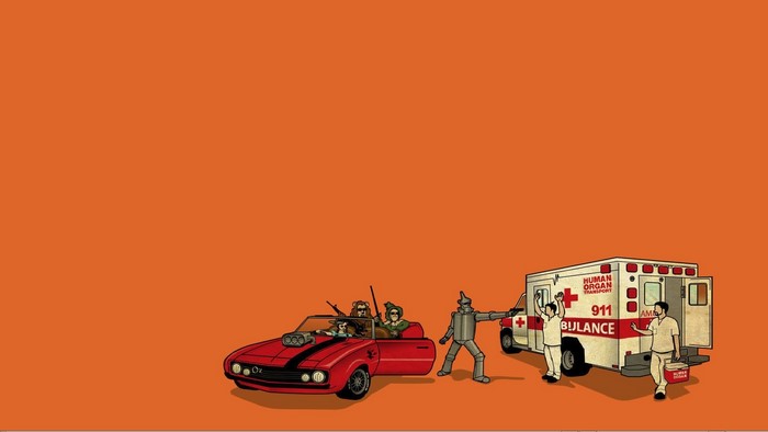 Wizard of Oz characters with an ambulance