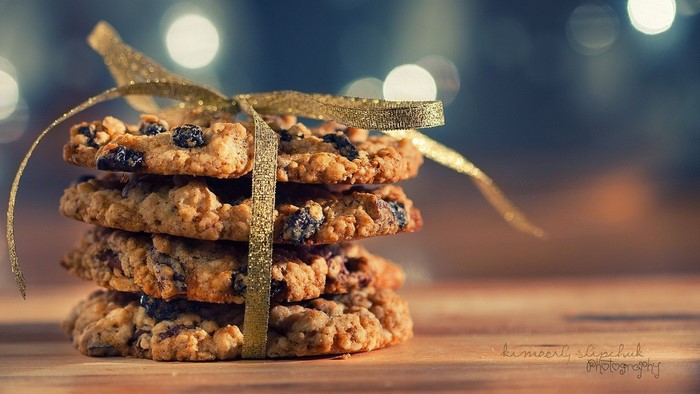 Stack of Oatmeal Raisin Cookies Tied with Gold Ribbon