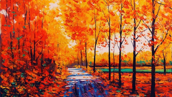 Autumn forest path with vibrant orange and yellow trees