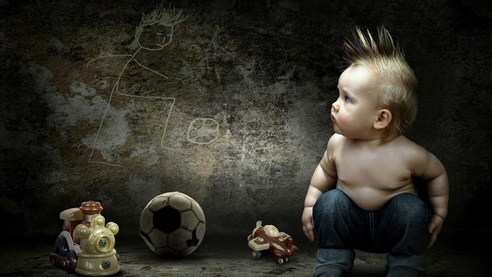 Baby with Spiky Hair and Toys