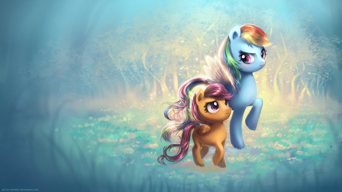 Rainbow Dash and Scootaloo in a magical forest