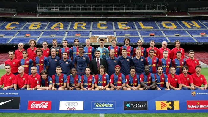 FC Barcelona team posing in stadium