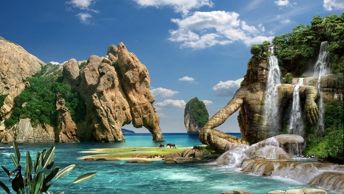 Fantasy island with waterfalls and rock formations