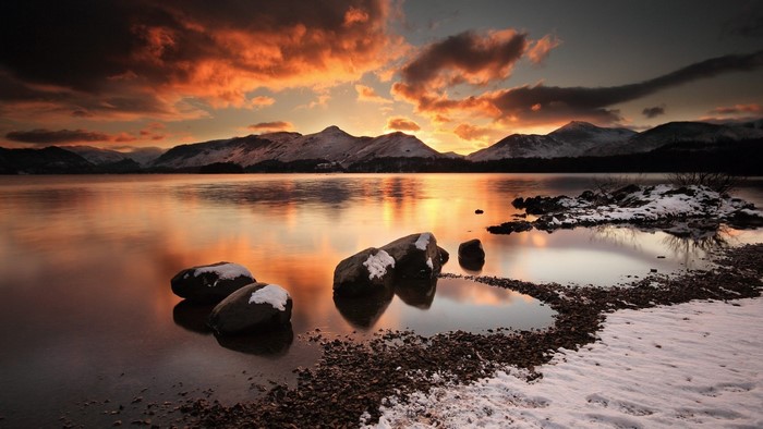 Snowy winter lake landscape at sunset