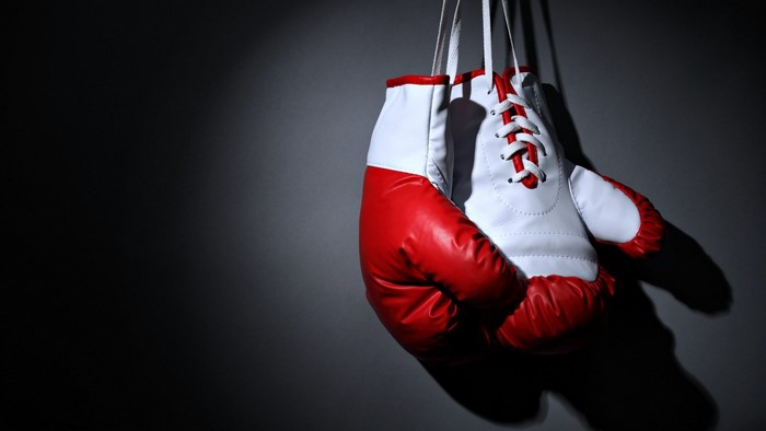 Red and white boxing gloves hanging