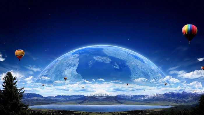 Hot Air Balloons Over Planet Landscape