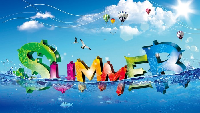 Summer text in water with hot air balloons